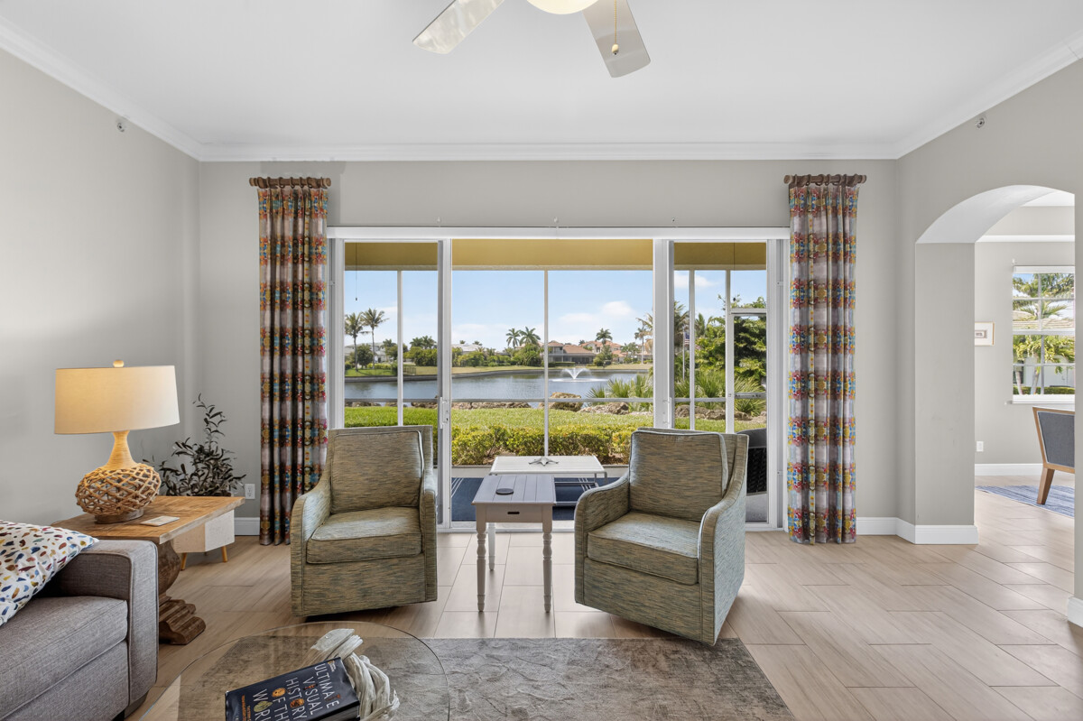 Realty Media 360 luxury living room wide angle overseeing water in Cape Coral Harbor