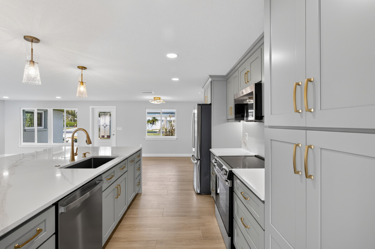 Realty Media 360 wide angle shoot of kitchen modern thyme color cabinets