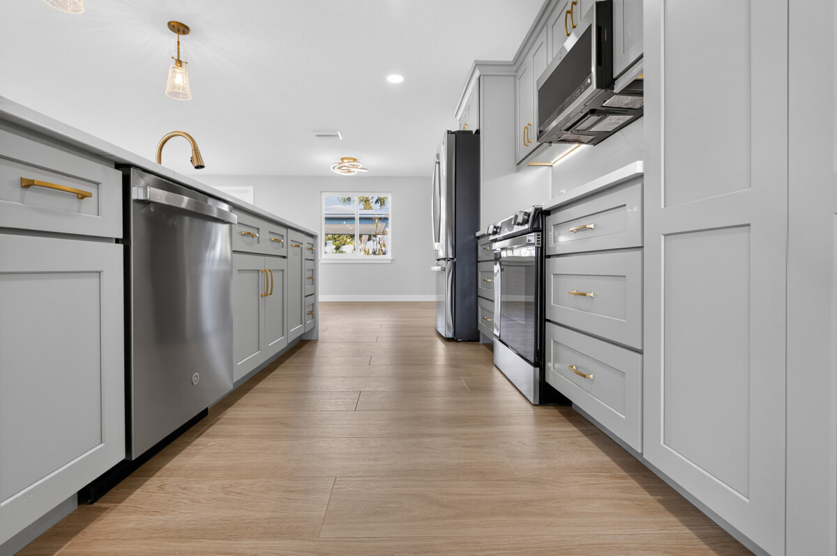 Realty Media 360 wide angle shoot of kitchen modern thyme color cabinets